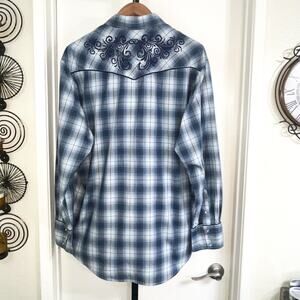 Roper Mens Embroidered Western Pearl Snap Shirt - Blue Gray Plaid, Size XL